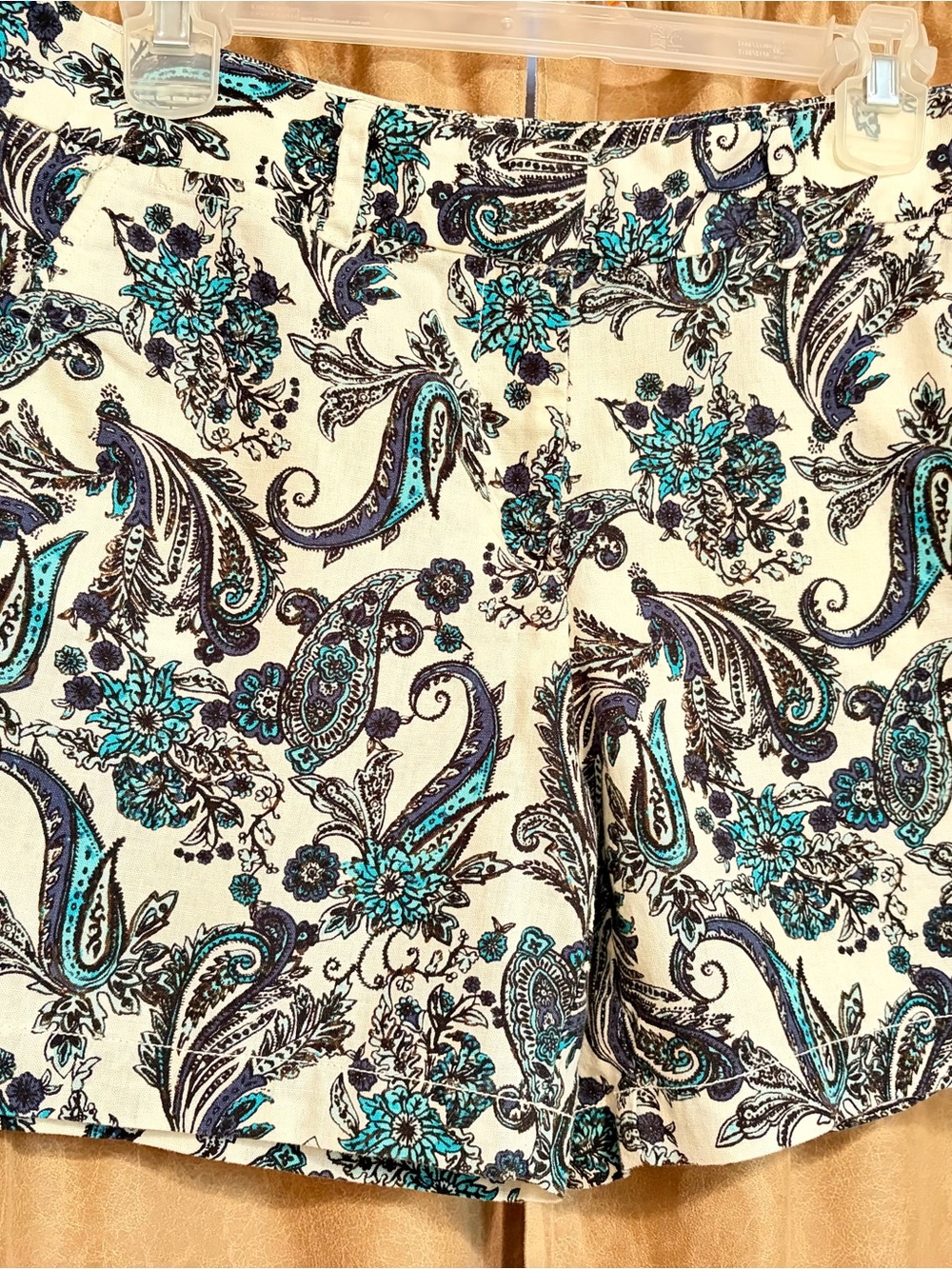 LOFT Cream Paisley Floral Shorts with Teal & Navy Accents